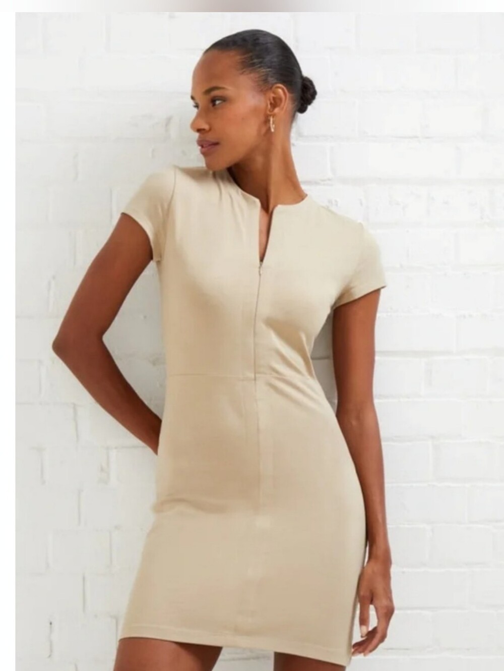 French Connection Rallie Cot Elastane Mini Dress Medium New Beige Tan NWT